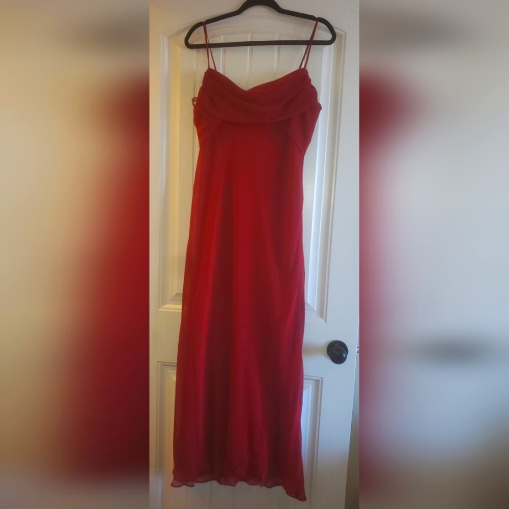 Red gown, sheer overlay with crepe drape front & top sides, spaghetti strap